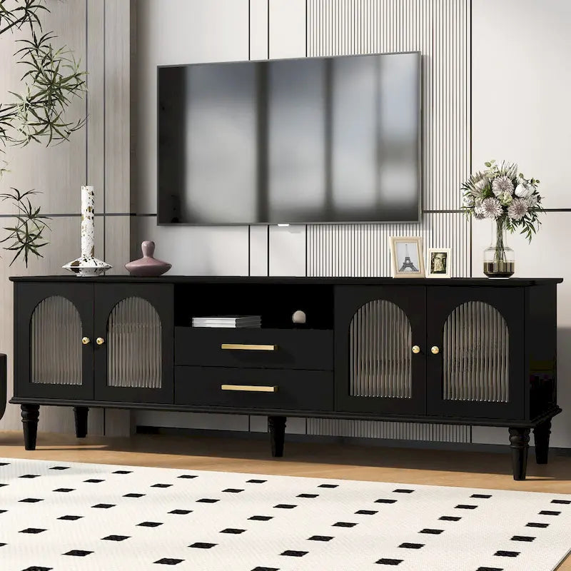 68.9 Retro TV Stand for TVs up to 75 Inches, Entertainment Center Media Console with Arched Style Fluted Glass Doors, 2Drawers