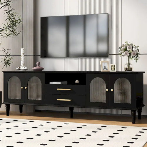 Meuble TV rétro 68.9" pour téléviseurs jusqu'à 75 pouces, Console multimédia de centre de divertissement avec portes en verre cannelé de style arqué, 2 tiroirs