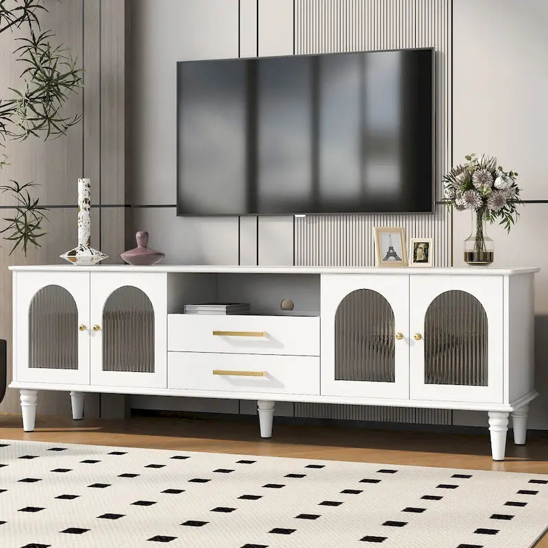 68.9 Retro TV Stand for TVs up to 75 Inches, Entertainment Center Media Console with Arched Style Fluted Glass Doors, 2Drawers