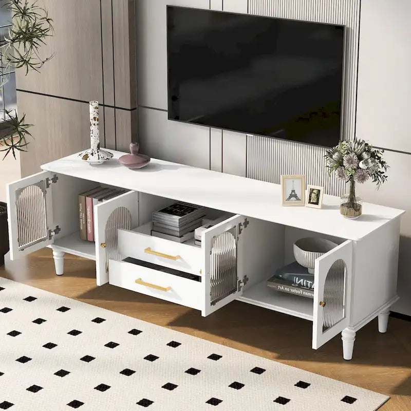 68.9 Retro TV Stand for TVs up to 75 Inches, Entertainment Center Media Console with Arched Style Fluted Glass Doors, 2Drawers
