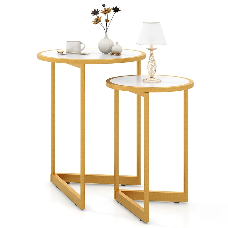 Round Nesting Side Table Set of 2 Stacking Coffee Tables w/ Faux