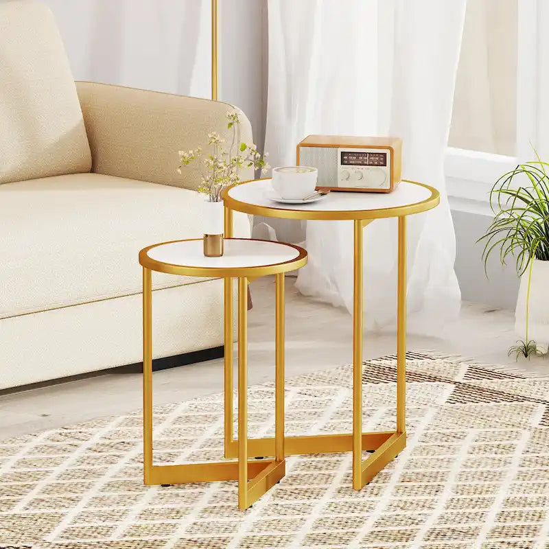 Round Nesting Side Table Set of 2 Stacking Coffee Tables w/ Faux