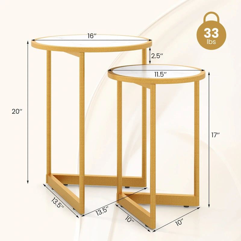 Round Nesting Side Table Set of 2 Stacking Coffee Tables w/ Faux