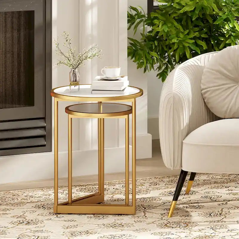 Round Nesting Side Table Set of 2 Stacking Coffee Tables w/ Faux