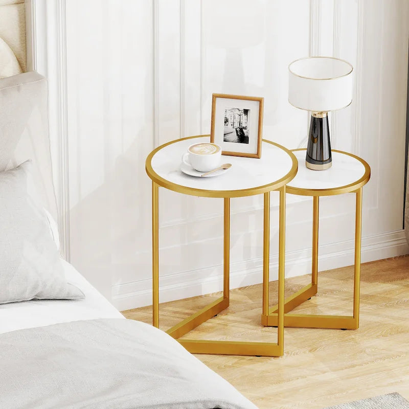 Round Nesting Side Table Set of 2 Stacking Coffee Tables w/ Faux