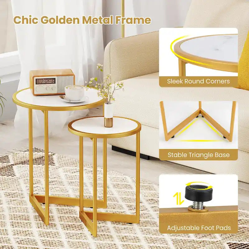 Round Nesting Side Table Set of 2 Stacking Coffee Tables w/ Faux