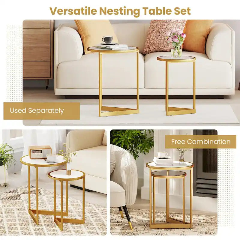 Round Nesting Side Table Set of 2 Stacking Coffee Tables w/ Faux