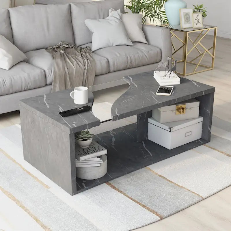 Modern Faux Marble Veneer Coffee Table with Shelf by