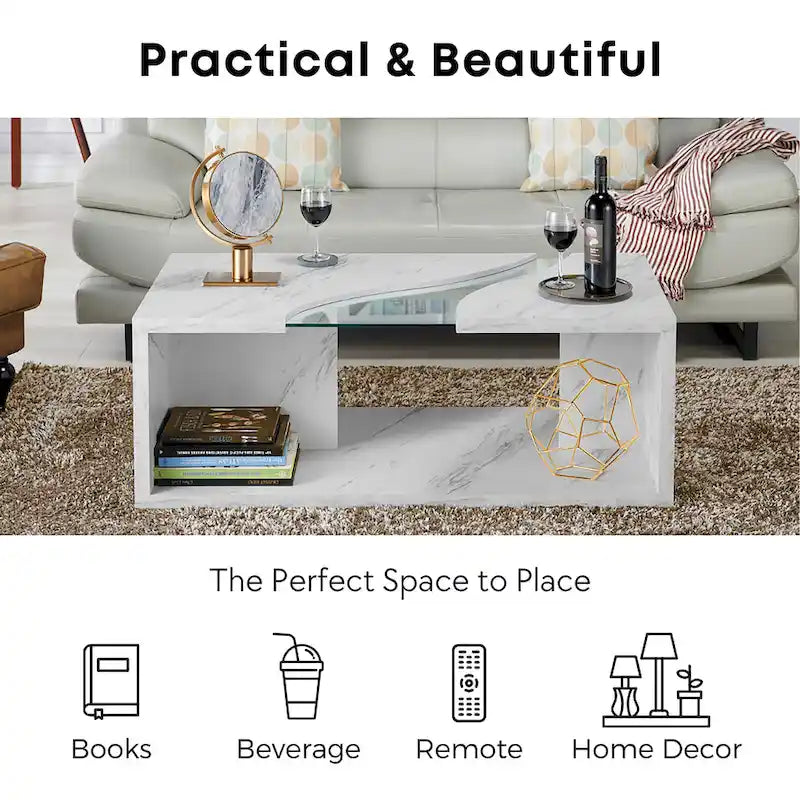 Modern Faux Marble Veneer Coffee Table with Shelf by