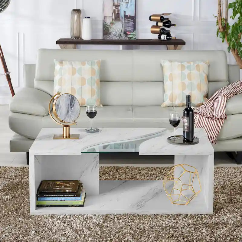 Modern Faux Marble Veneer Coffee Table with Shelf by