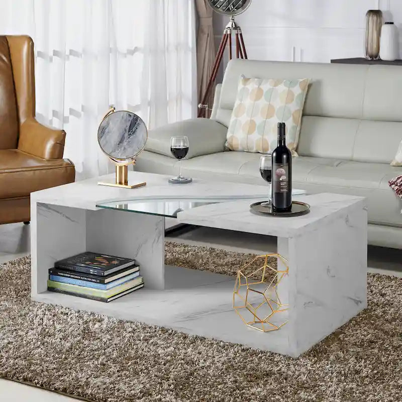 Modern Faux Marble Veneer Coffee Table with Shelf by