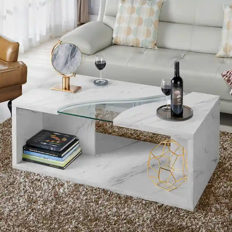 Modern Faux Marble Veneer Coffee Table with Shelf by