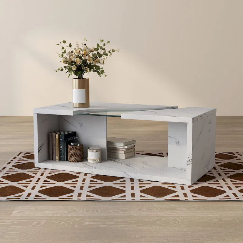 Modern Faux Marble Veneer Coffee Table with Shelf by