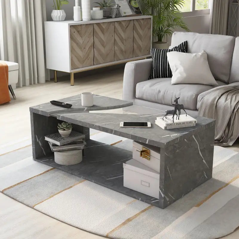 Modern Faux Marble Veneer Coffee Table with Shelf by
