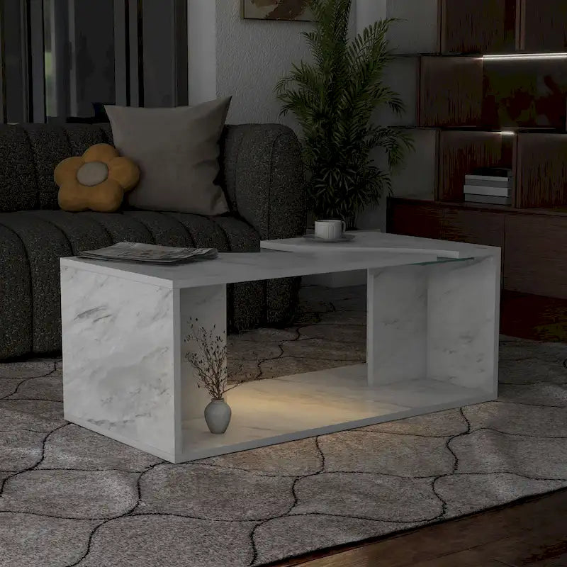 Modern Faux Marble Veneer Coffee Table with Shelf by