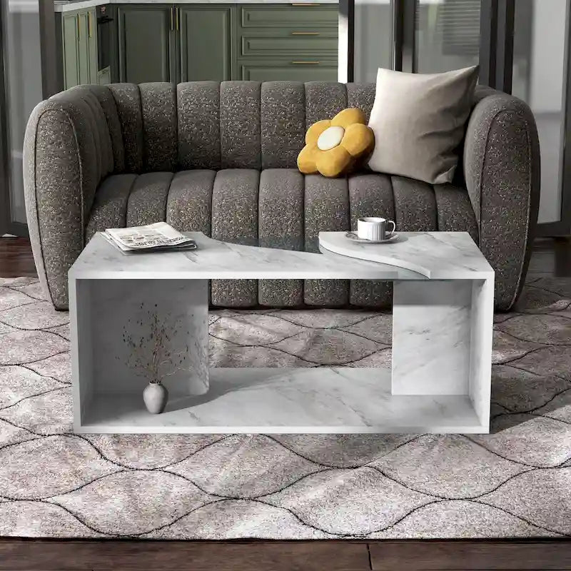 Modern Faux Marble Veneer Coffee Table with Shelf by