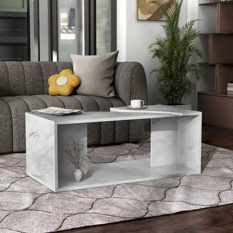 Modern Faux Marble Veneer Coffee Table with Shelf by