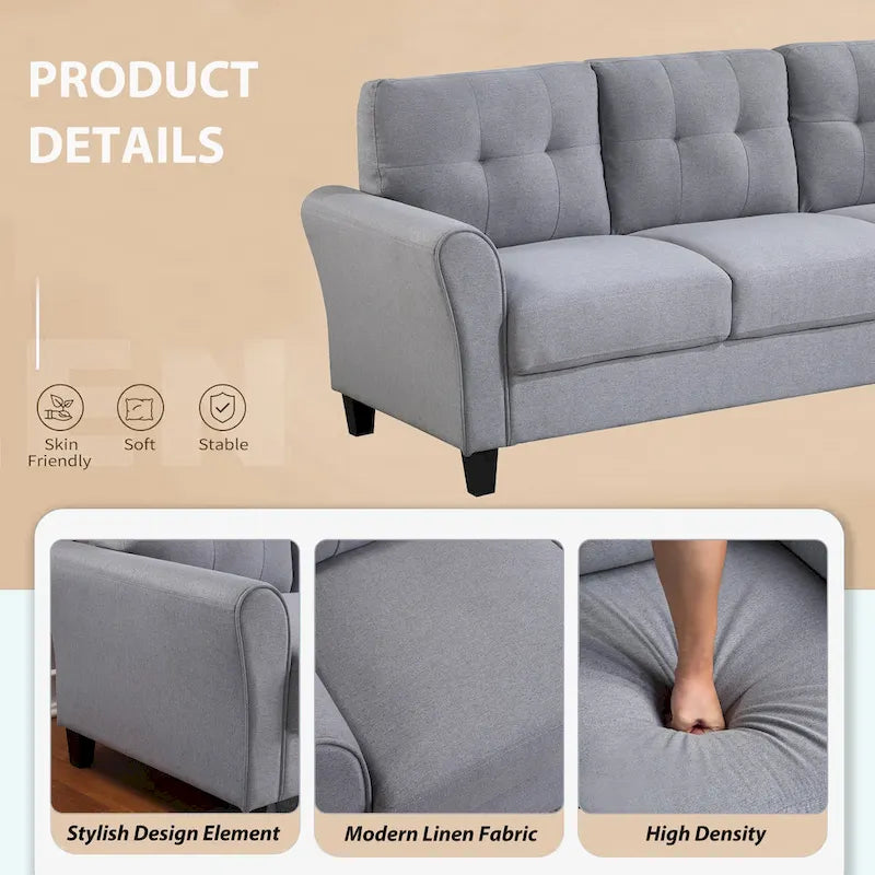 Grey Linen Upholstered Couch Sofa - 30.00 x 79.90 x 34.50