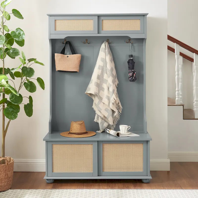Hall Tree Entryway Bench with Rattan Door and Shoe Cabinets