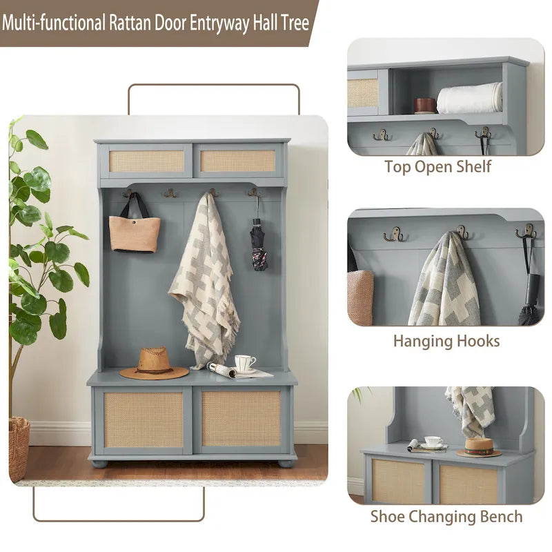 Hall Tree Entryway Bench with Rattan Door and Shoe Cabinets