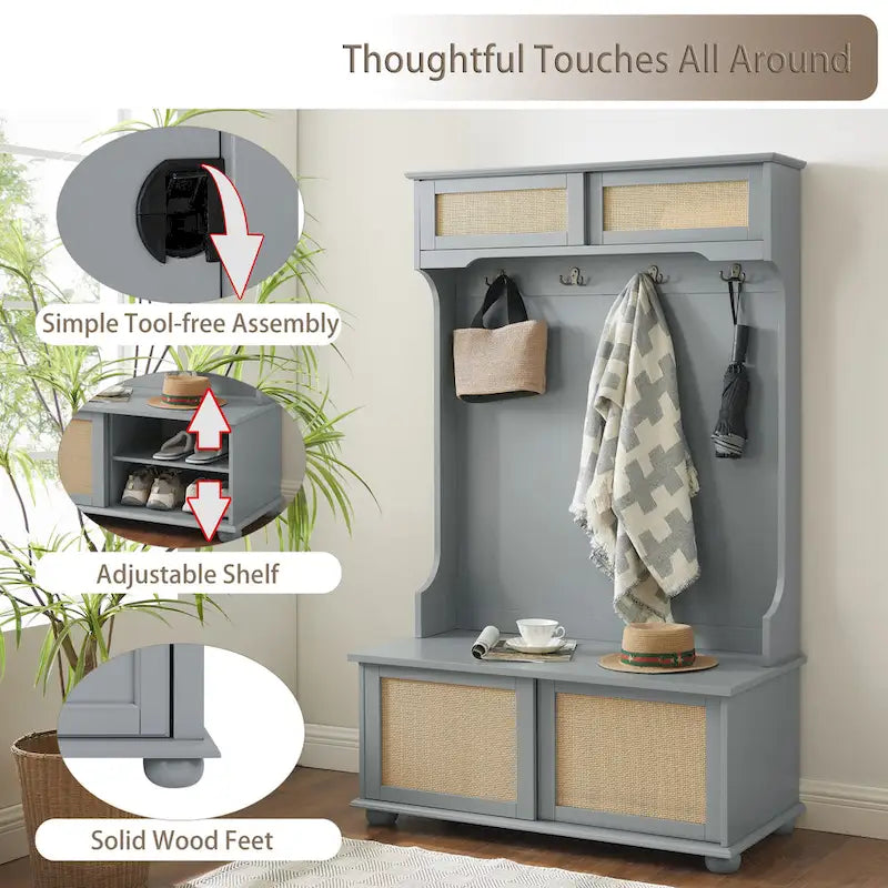 Hall Tree Entryway Bench with Rattan Door and Shoe Cabinets