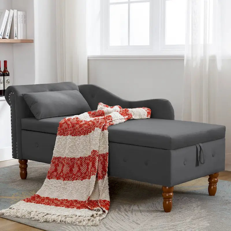 Chaise Lounge Indoor,Velvet Lounge Chair for Bedroom with Storage & Pillow,Modern Upholstered Rolled Arm Chase Lounge