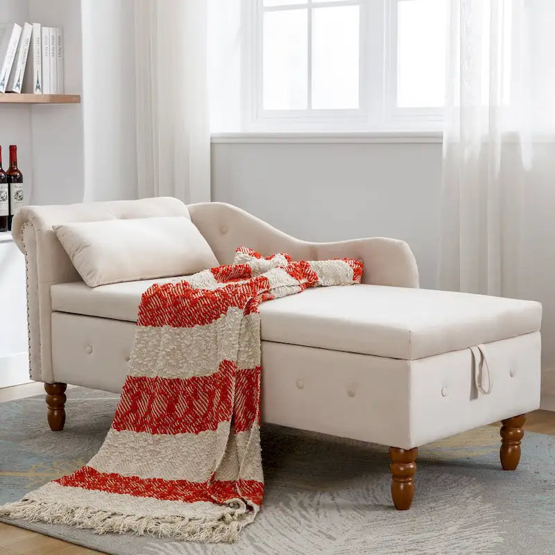 Chaise Lounge Indoor,Velvet Lounge Chair for Bedroom with Storage & Pillow,Modern Upholstered Rolled Arm Chase Lounge