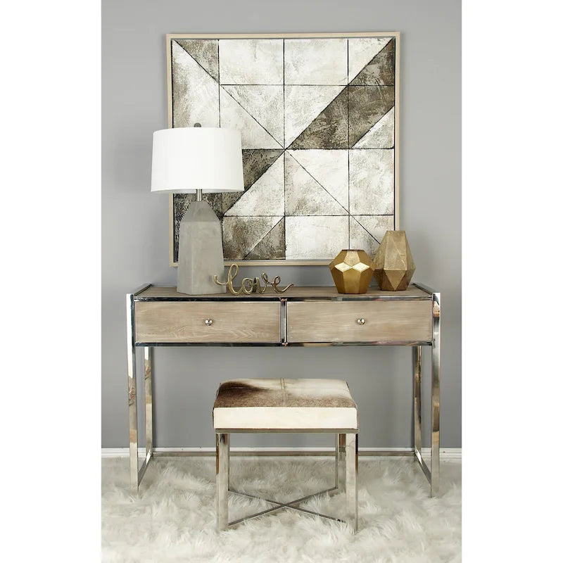 Leather Cowhide Stool with Silver Stainless Steel Base - Gray