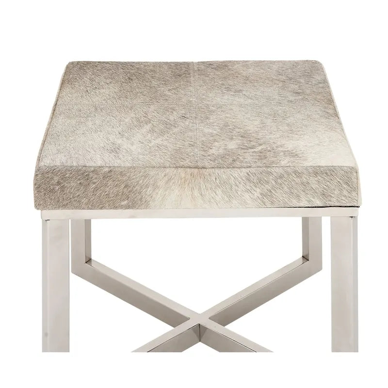 Leather Cowhide Stool with Silver Stainless Steel Base - Gray