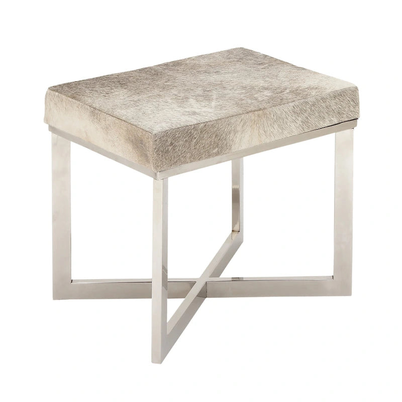 Leather Cowhide Stool with Silver Stainless Steel Base - Gray