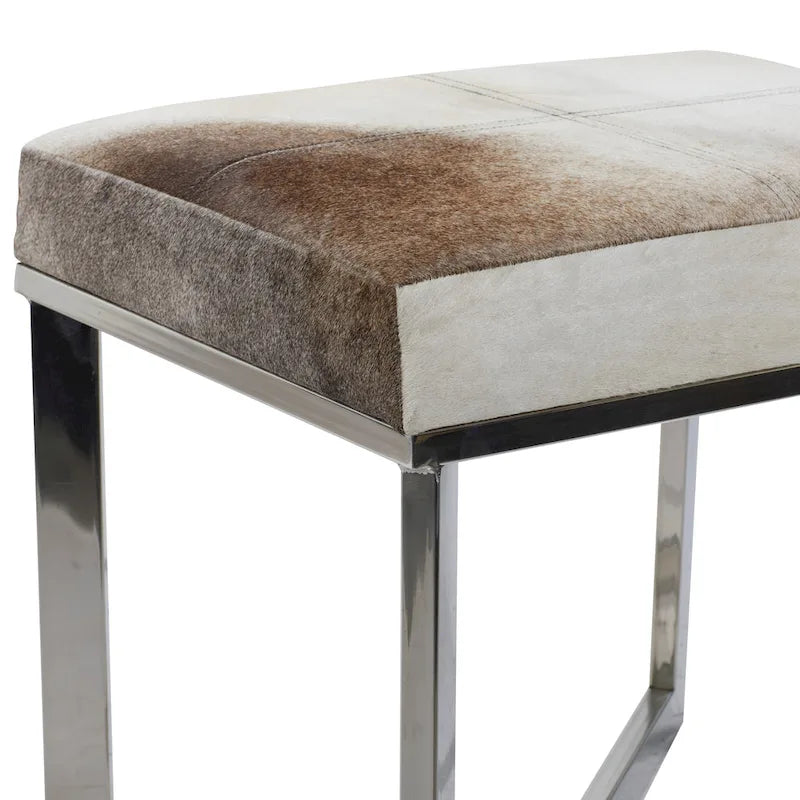 Leather Cowhide Stool with Silver Stainless Steel Base - Gray