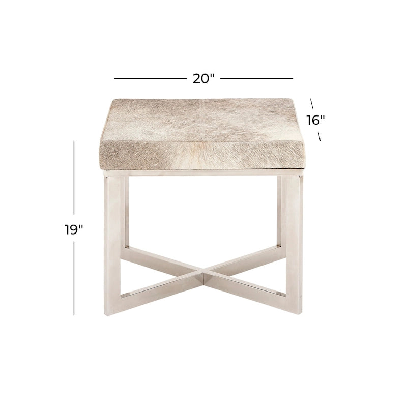Leather Cowhide Stool with Silver Stainless Steel Base - Gray