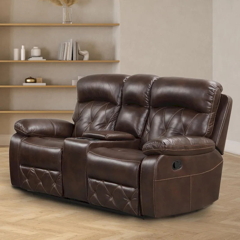 Brown Breathable Leather Manual Reclining Loveseat with Storage Console
