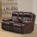 Brown Breathable Leather Manual Reclining Loveseat with Storage Console