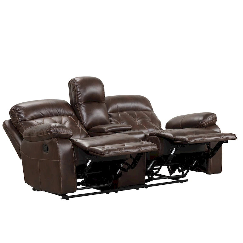 Brown Breathable Leather Manual Reclining Loveseat with Storage Console