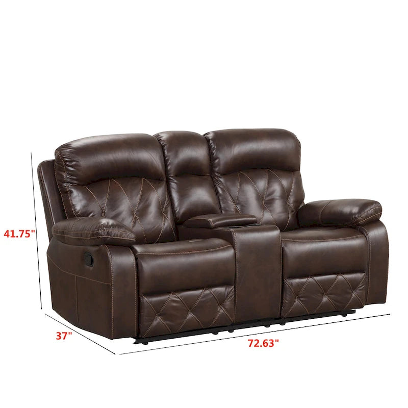 Brown Breathable Leather Manual Reclining Loveseat with Storage Console