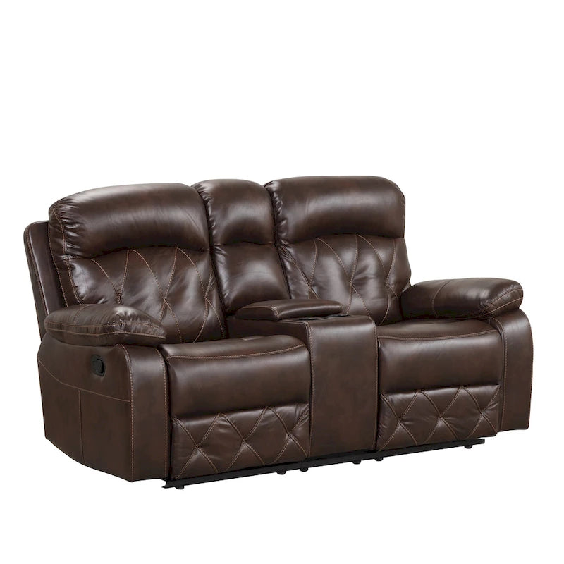 Brown Breathable Leather Manual Reclining Loveseat with Storage Console