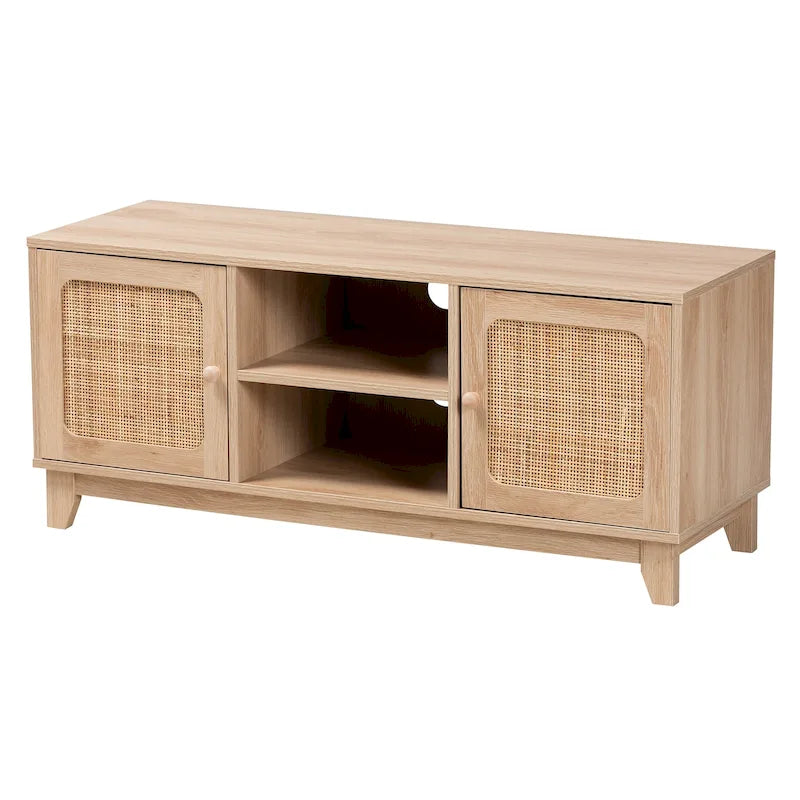 Mid-Century Modern Light Brown Finished Wood and Natural Rattan 2-Door TV Stand