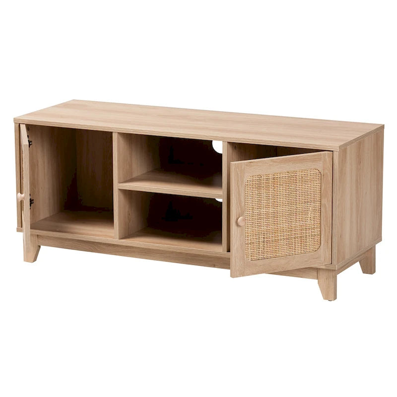 Mid-Century Modern Light Brown Finished Wood and Natural Rattan 2-Door TV Stand