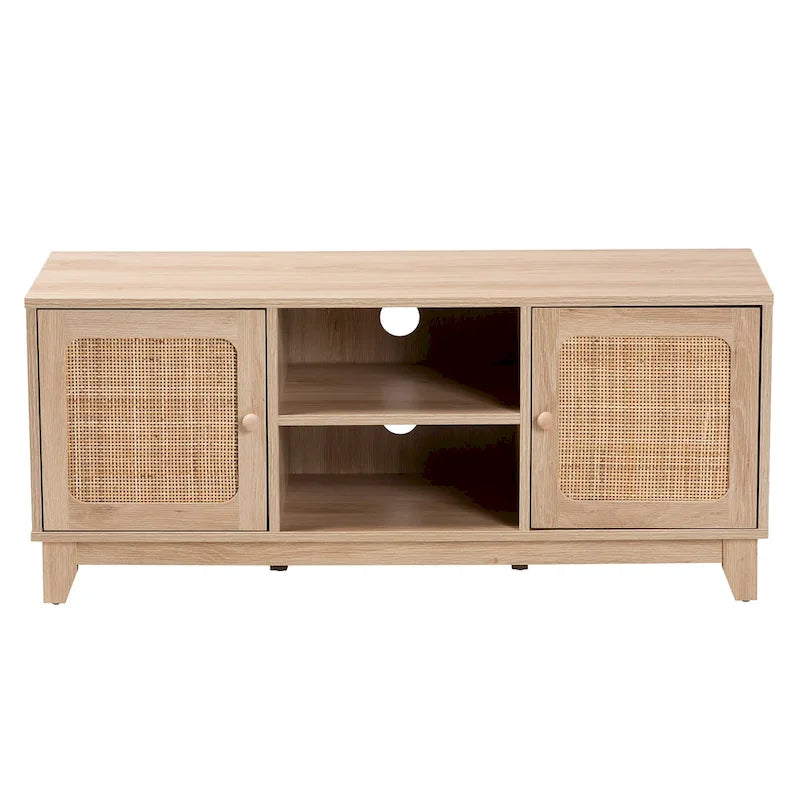 Mid-Century Modern Light Brown Finished Wood and Natural Rattan 2-Door TV Stand