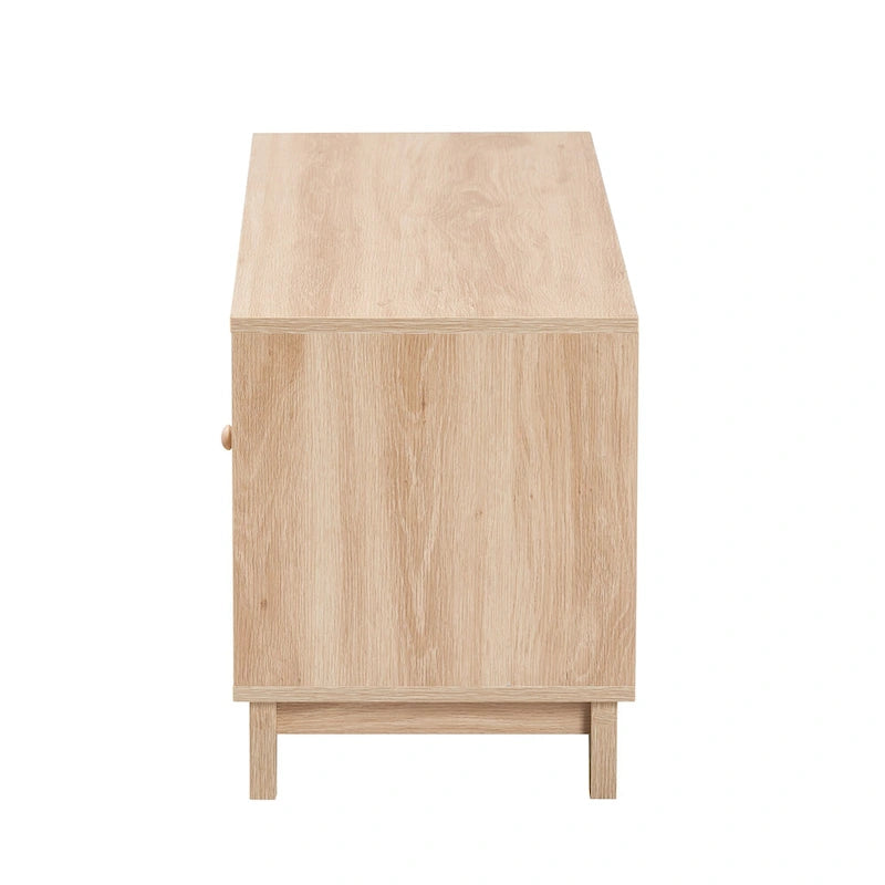 Mid-Century Modern Light Brown Finished Wood and Natural Rattan 2-Door TV Stand