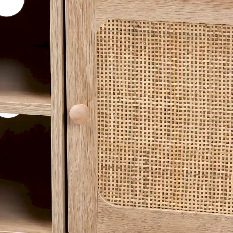 Mid-Century Modern Light Brown Finished Wood and Natural Rattan 2-Door TV Stand