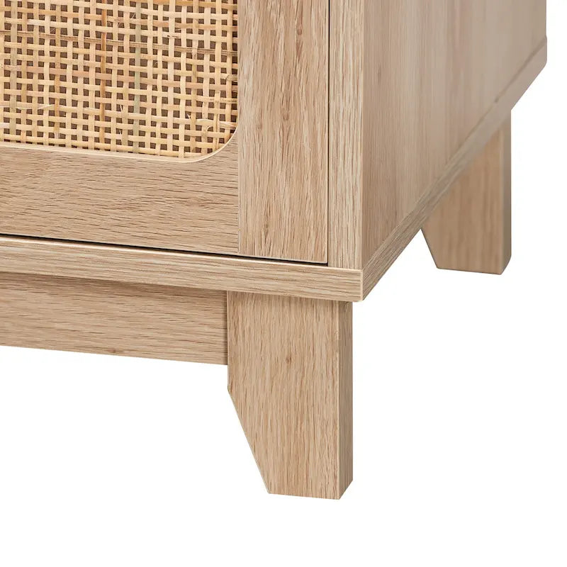 Mid-Century Modern Light Brown Finished Wood and Natural Rattan 2-Door TV Stand