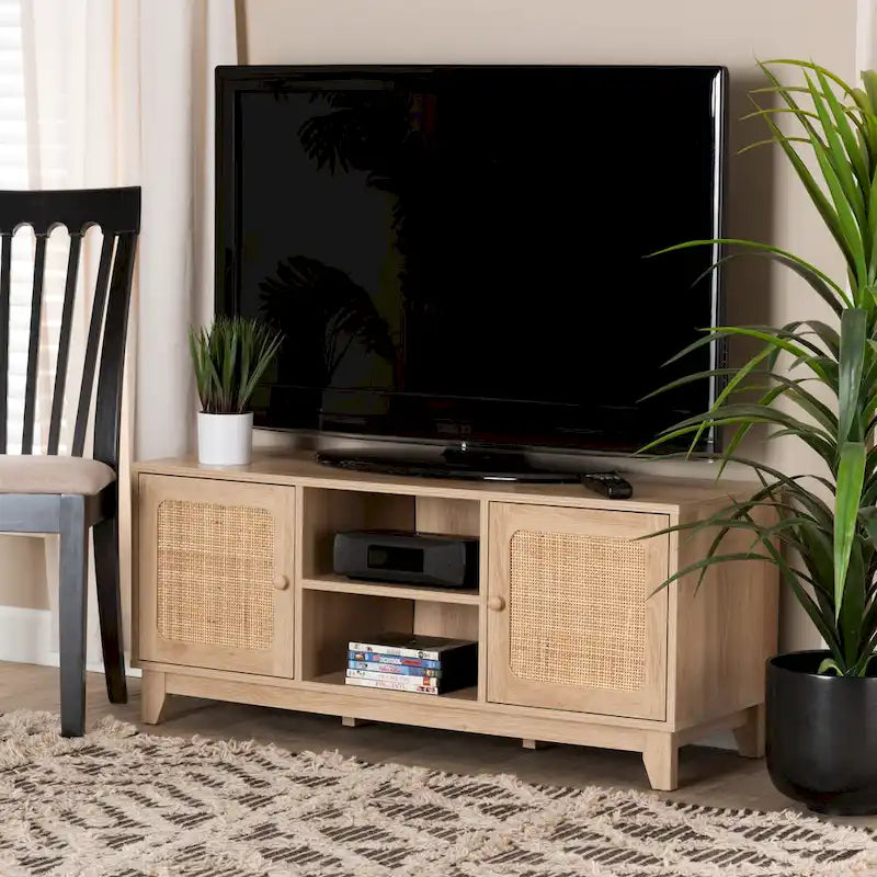 Mid-Century Modern Light Brown Finished Wood and Natural Rattan 2-Door TV Stand