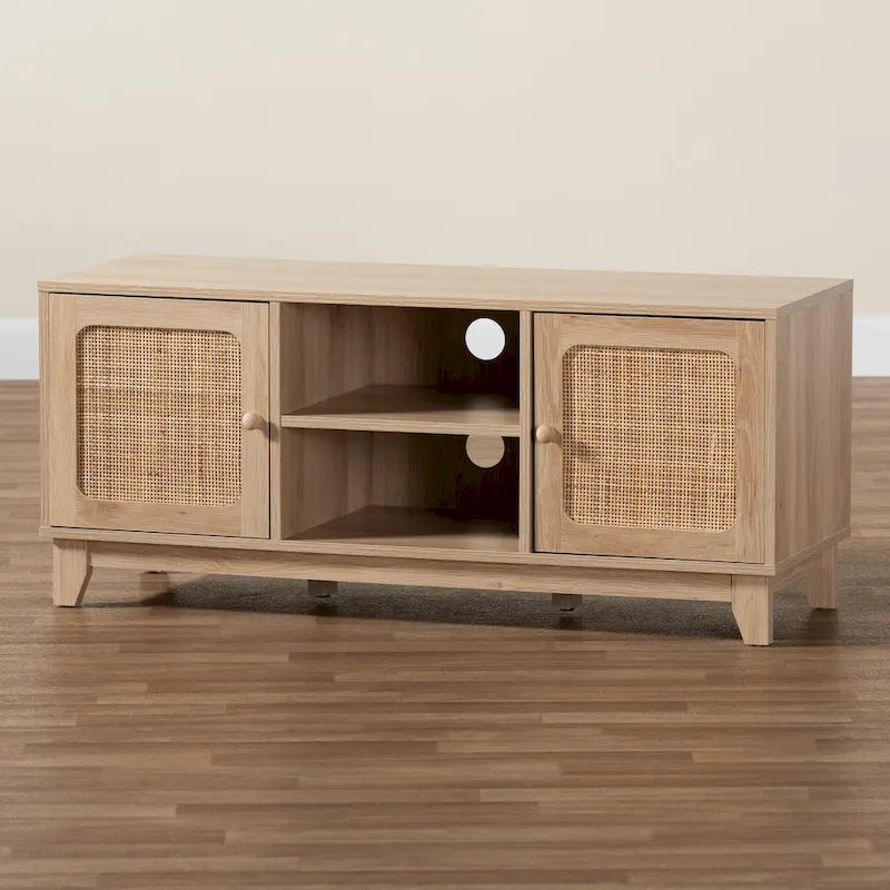 Mid-Century Modern Light Brown Finished Wood and Natural Rattan 2-Door TV Stand
