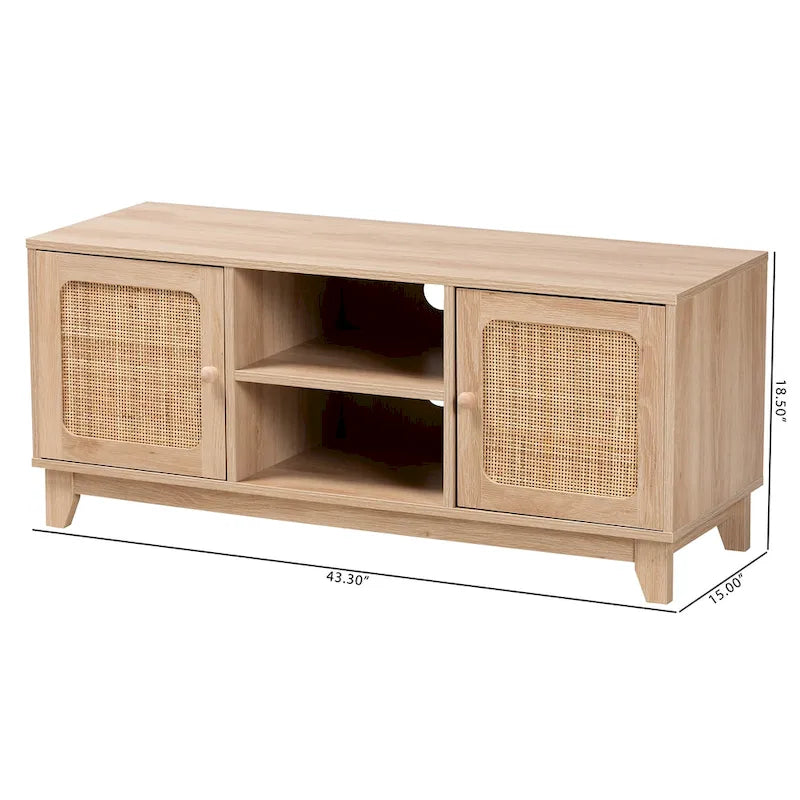 Mid-Century Modern Light Brown Finished Wood and Natural Rattan 2-Door TV Stand