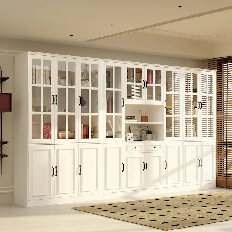 78.7H Combo Buffet Sideboard White Curio Bookcase Cabinet Glass Door