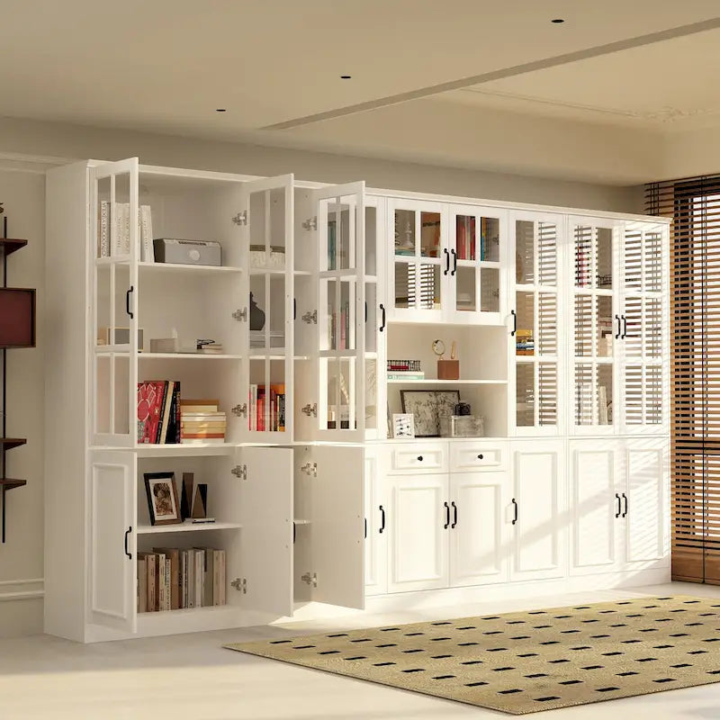 78.7H Combo Buffet Sideboard White Curio Bookcase Cabinet Glass Door