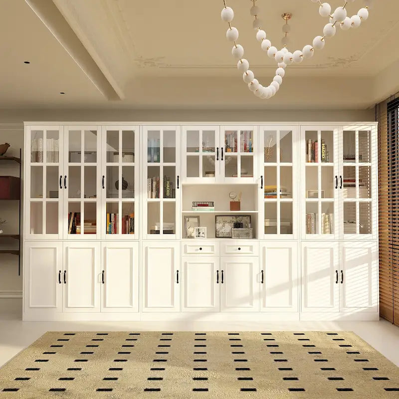 78.7H Combo Buffet Sideboard White Curio Bookcase Cabinet Glass Door