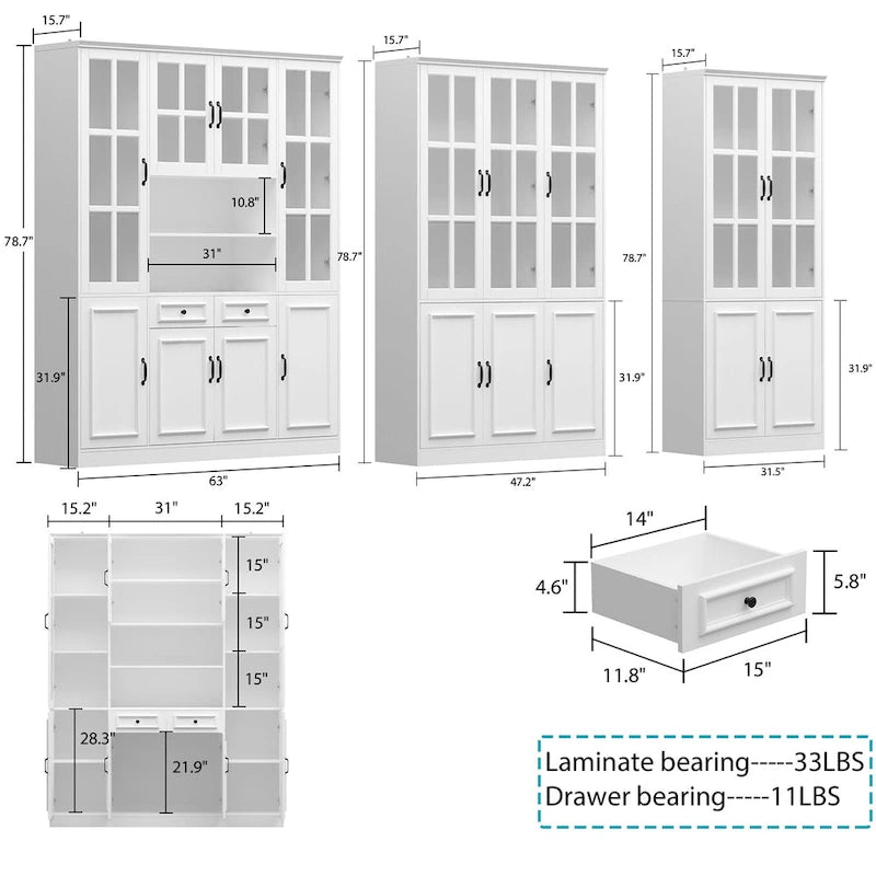78.7H Combo Buffet Sideboard White Curio Bookcase Cabinet Glass Door
